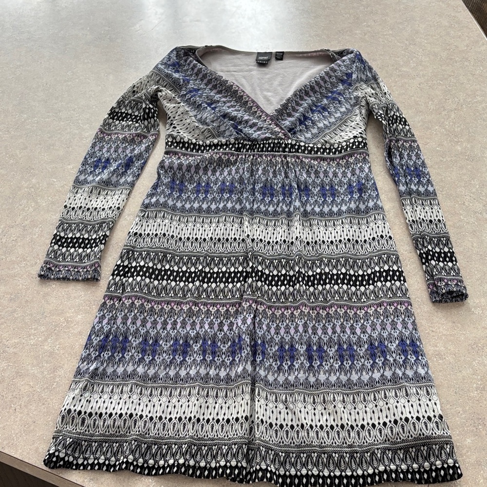 Esprit Blue and Black Patterned Long Sleeve Dress